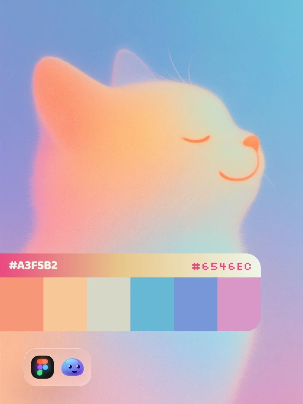 Pastel tonlarda bir kedi illüstrasyonu ve palet şeridi