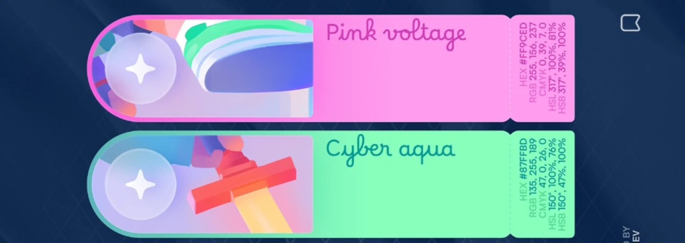 İki renk kartı: Pink voltage ve Cyber aqua, HEX ve RGB değerleriyle